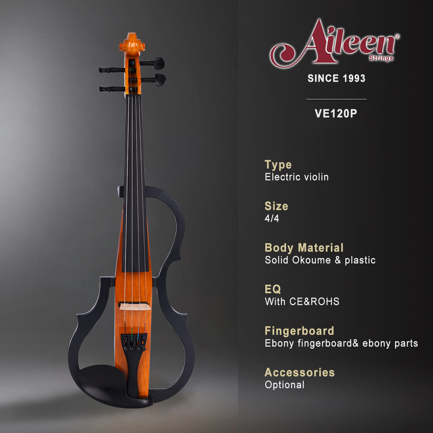 Violín eléctrico sólido Okoume 4/4 avanzado con salida EQ (VE120P)