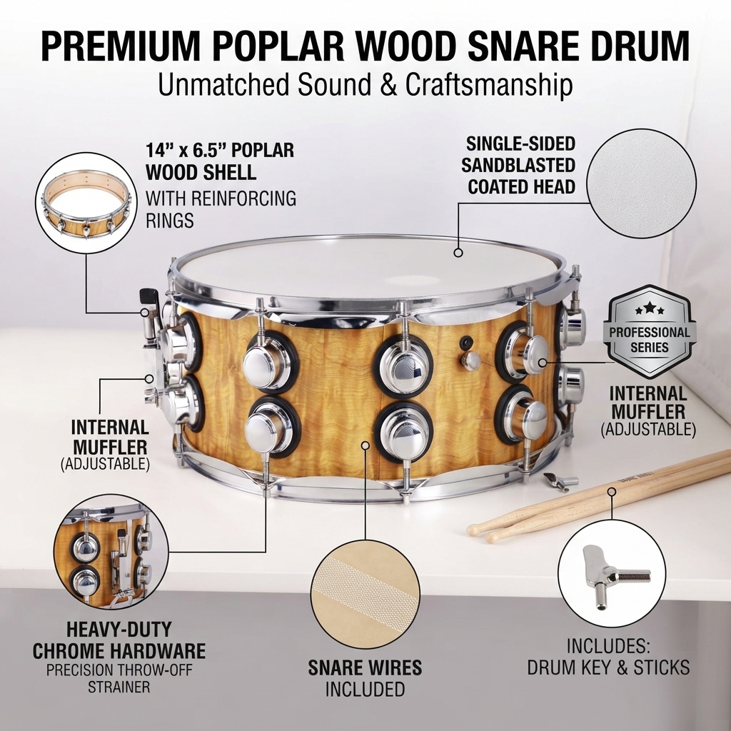 SD311M Tambor profesional de madera de 14' x 6.5' con casco de álamo y anillo de refuerzo 